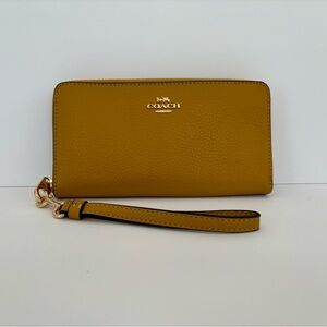 Coach Long Zip Around Wallet Clutch Pebble Leather in Gold/Flax Color
